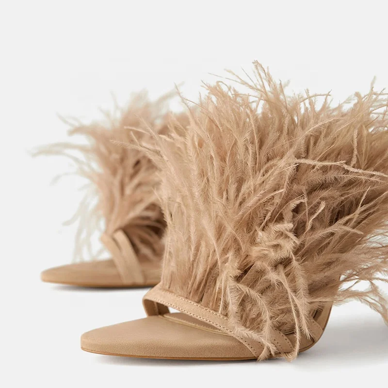 factory AliExpress best sale  high-heeled sandals feather  stiletto sandals ladies