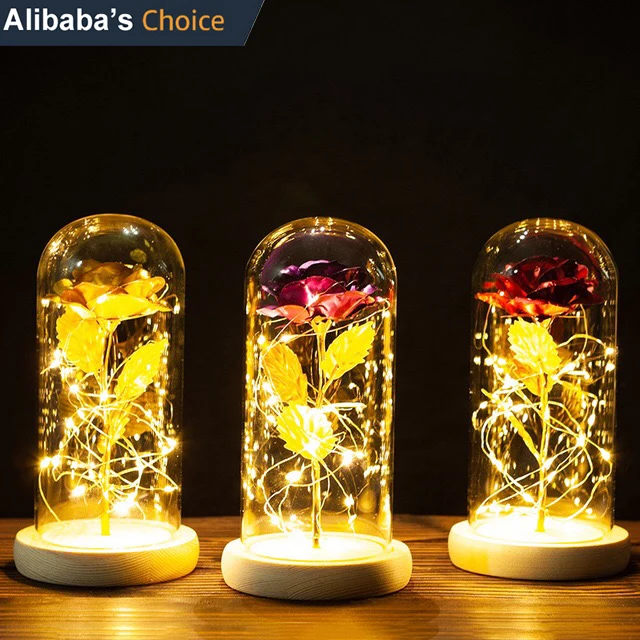 24k gold rose, artificial red rose glass dome flowers for decoration with light night golden rose for valentines wedding gift