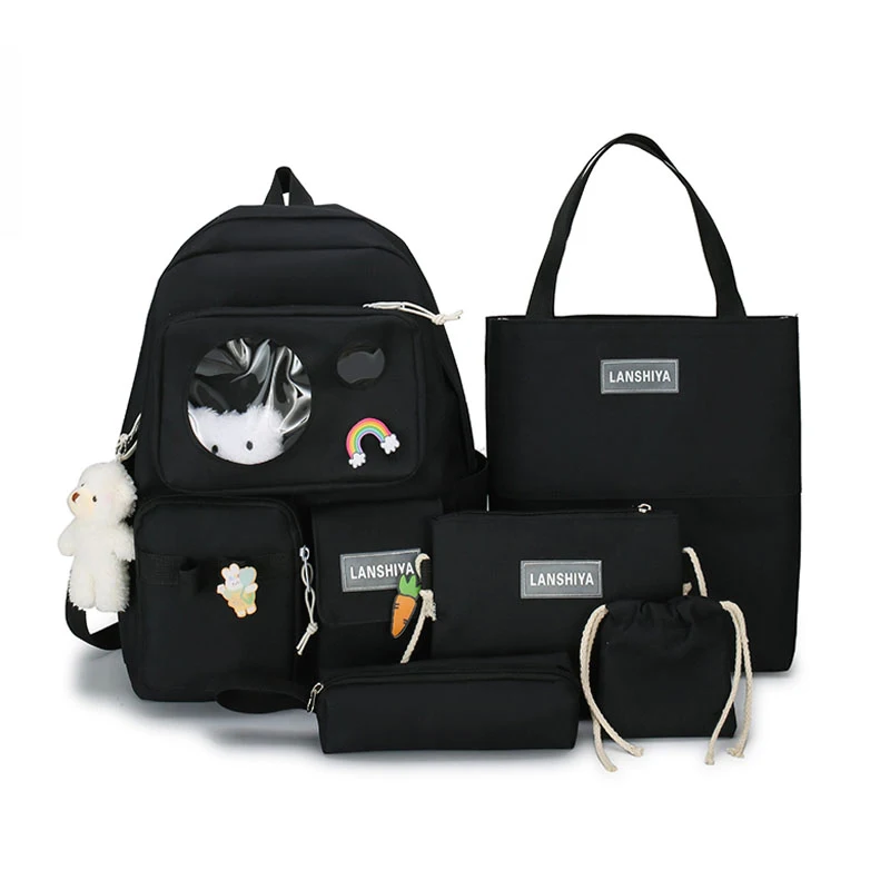 Cute Nylon Canvas College 5 pcs Schoolbag Backpack Sets Pink Travel Shoulder School Bag for Women Girls Student