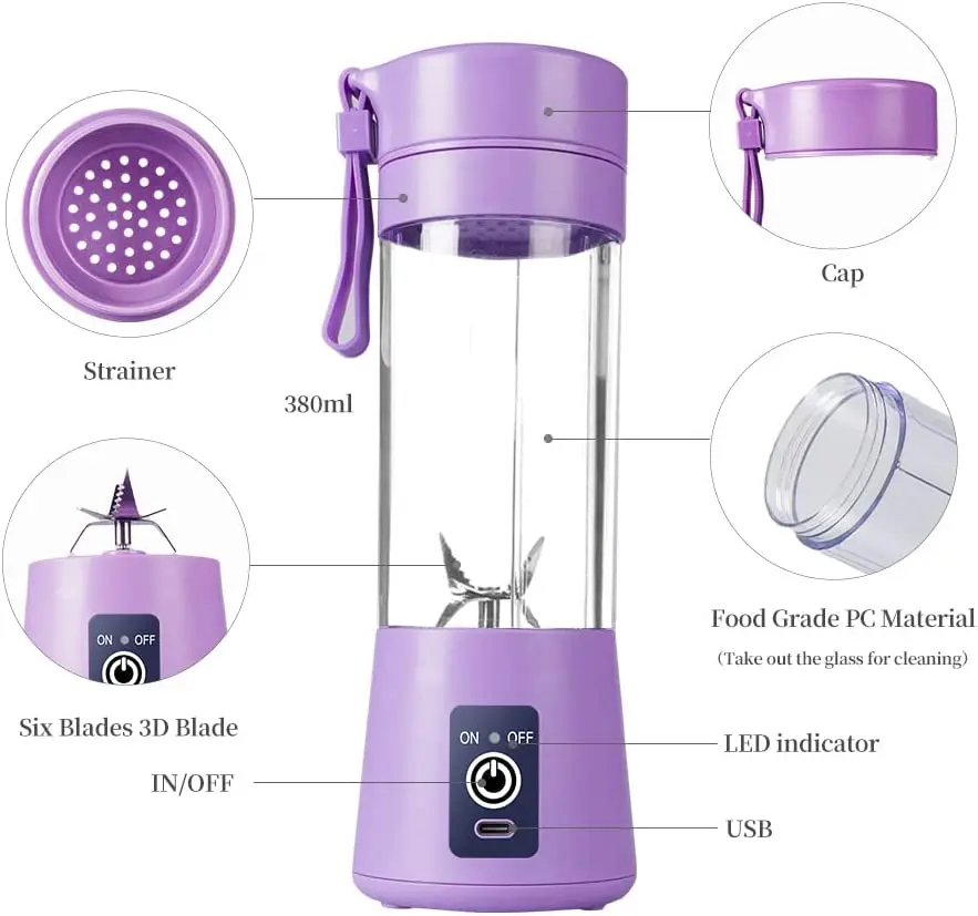 Warehouse Electronic Mini Bottle Blender Home USB 6 Blades Juicer Cup Machine Wireless Portable Fruit Juice Blenders