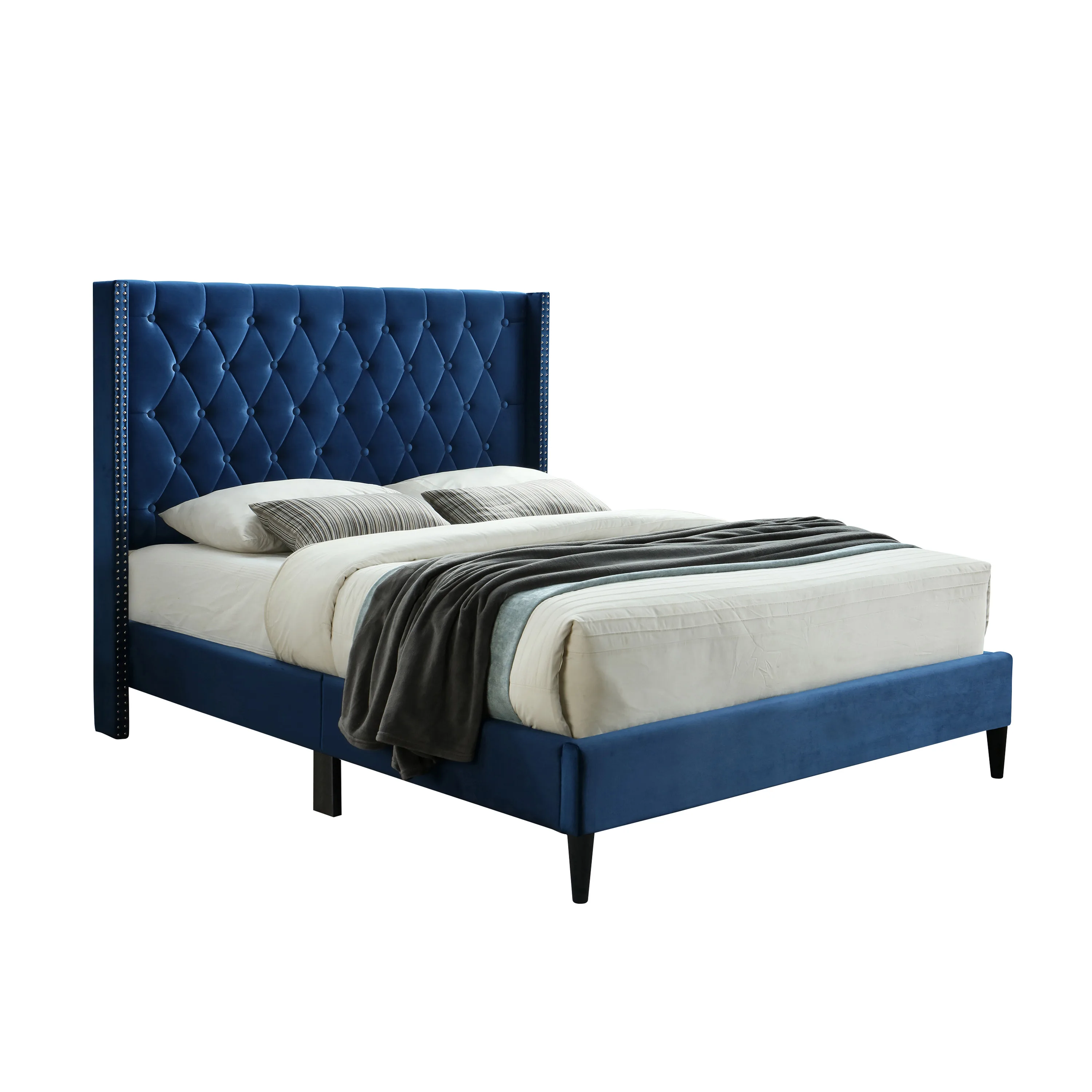 New Trending Design Amelia Premium Upholstered Bed With Buttons And Studding In Velvet Upholstery Material Blue Queen Size Bed