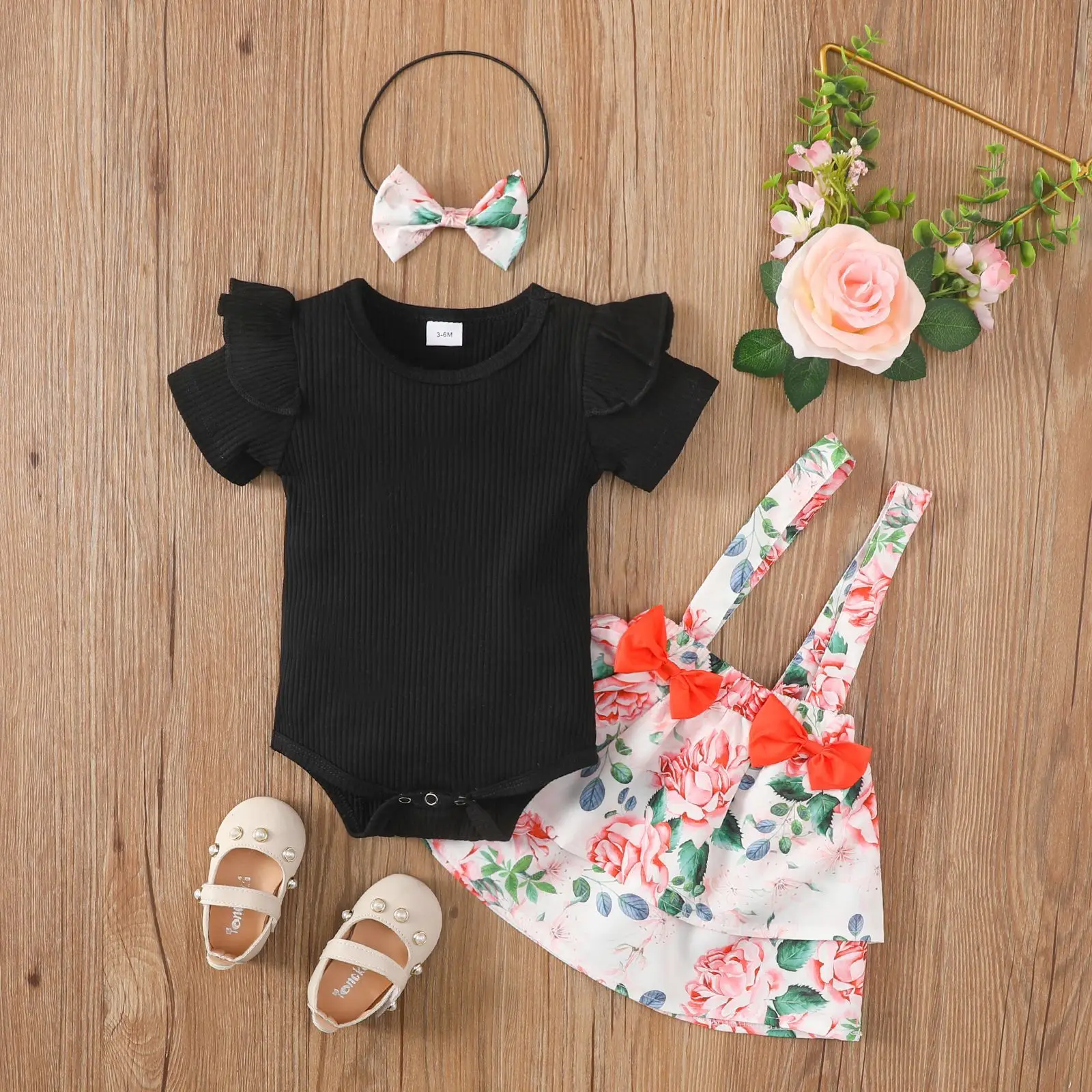 Girls summer bow suspender skirt European and American plants flower boutique clothes dress