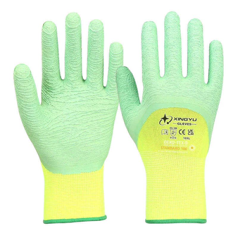 XINGYU Yellow polyester green latex coated wavy structure gloves that fit hands, gardening work safety gloves
