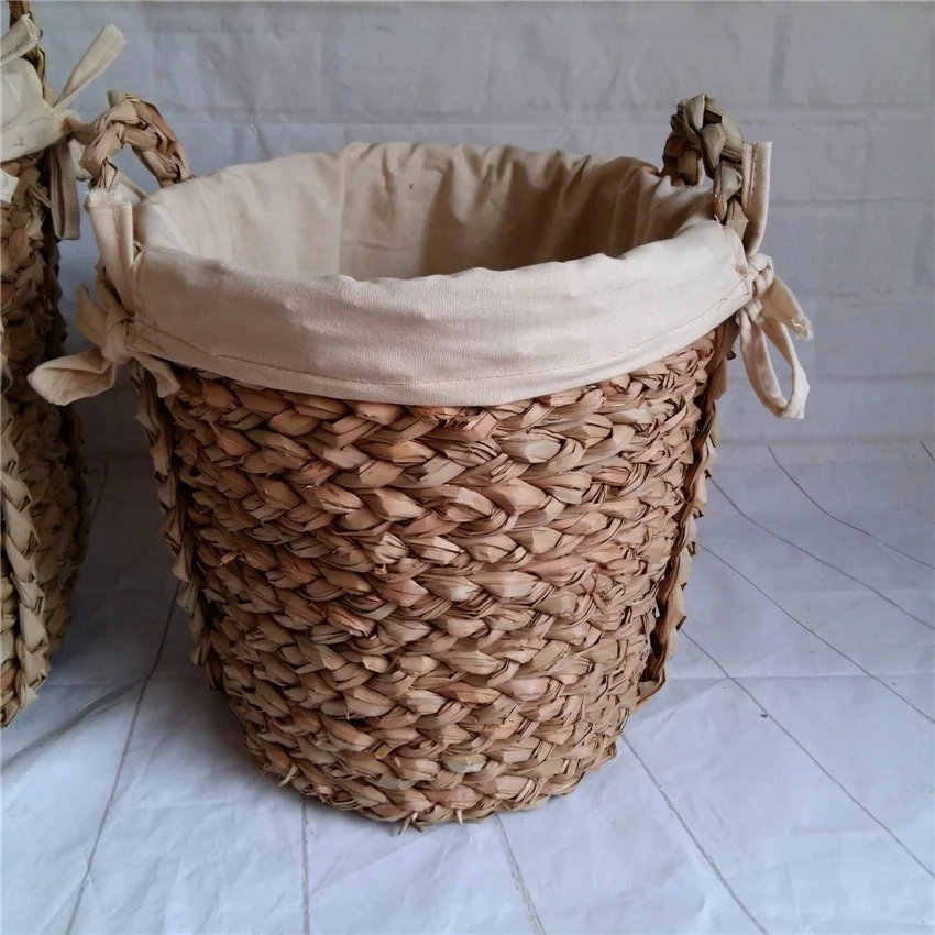 Handmade grass woven storage basket with handles lining cloth removable and washable dirty clothes laundry storage basket