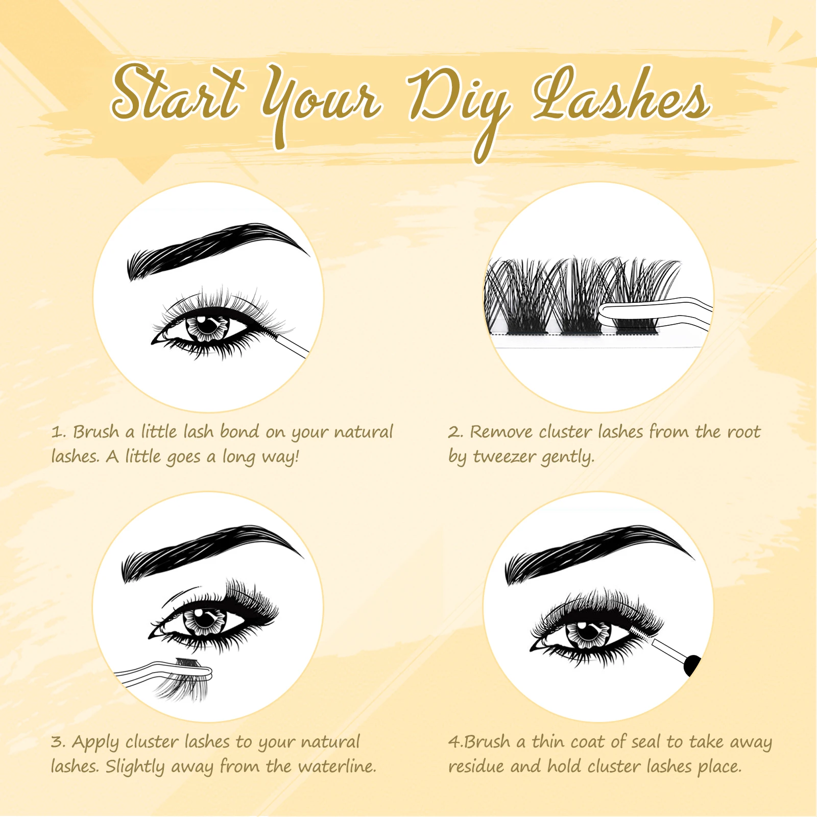 DIY Lash Extensions Kit Clusters Eyelash 144 Pcs Golden Lashes Tweezers Eyelash Clusters Bond and Seal Waterproof Cluster Lash