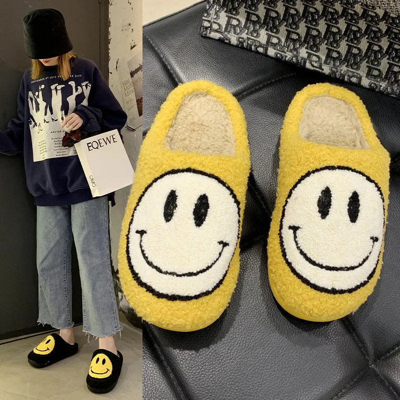 
Wholesale Winter Warm Indoor House Smile Fur Slippers Bedroom Smiley Face Slippers Sliders For Women Ladies 
