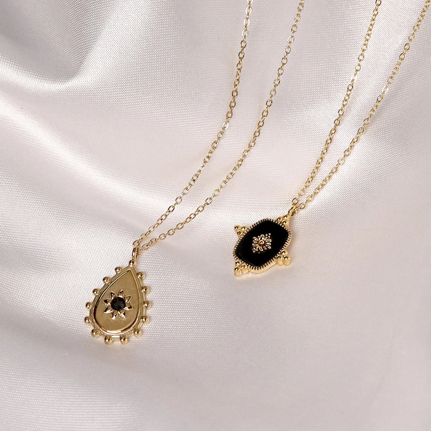 Vintage Dainty Necklace Cute Charm Pendant High Polished Stainless Steel Teardrop Shape Natural Stone Pendant Necklace for Daily