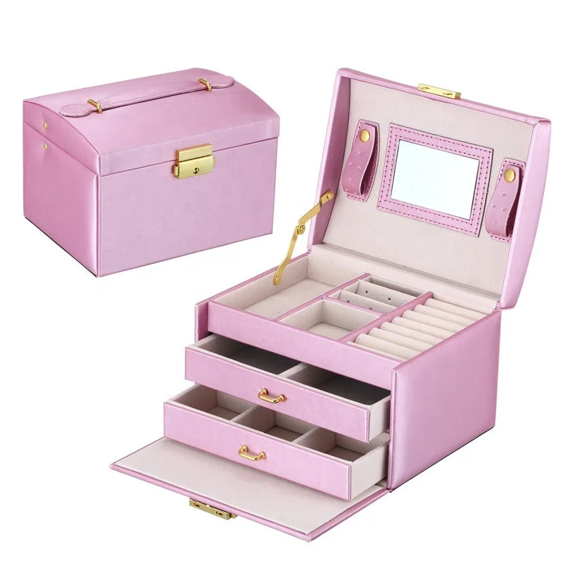 Hot sale Jewelry drawer storage box 2 open stackable trays Portable mirror necklace ring jewelry organizer