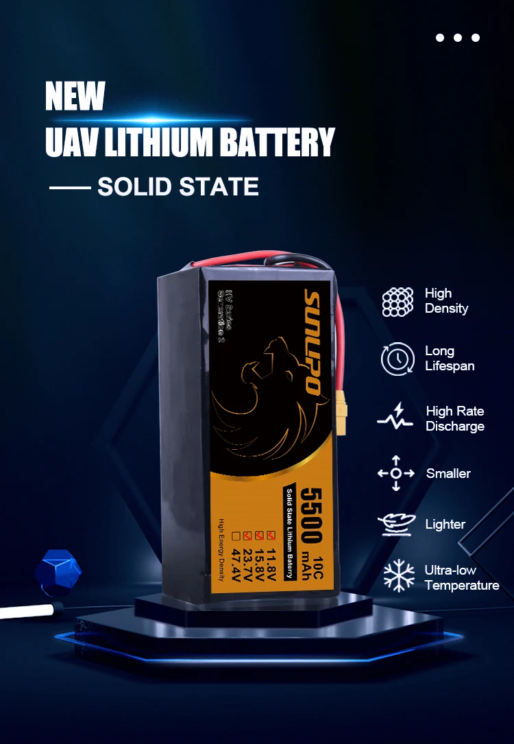 Sunlipo Best Price High Voltage Solid State Lipo battery for Drone UAV 5500mAh 3S 6S 12S 5C 10C for agriculture fire UAV