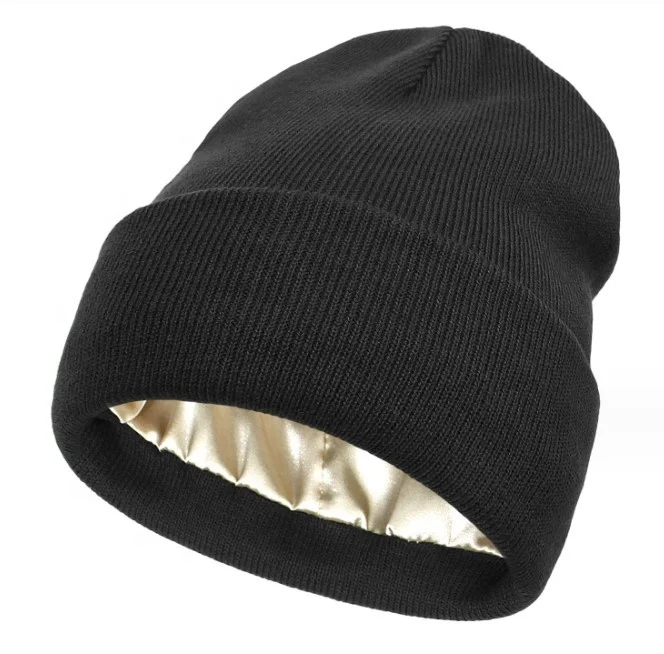 2023 Custom warm knitted silk lined beanie hat Low MOQ Y2K multiple colour Warm jacquard custom satin beanie