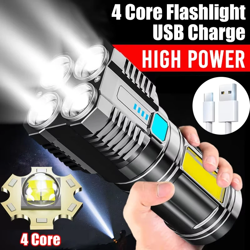 4-core Led Multi-functional Bright Flashlight COB Side Light Outdoor Portable Home USB Rechargeable Flashlight