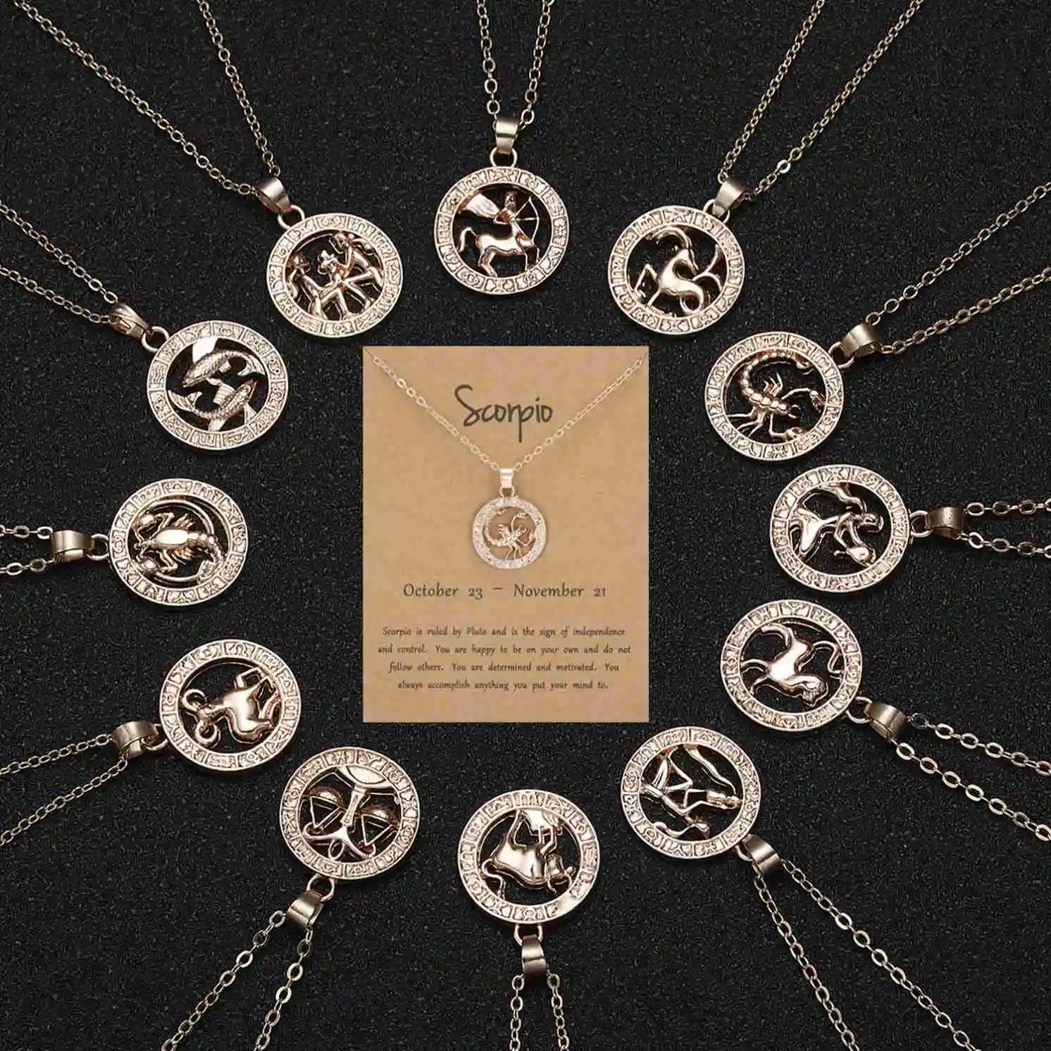 Rose Gold Plated Zodiac Necklace Chain Round 12 Horoscope with Card Pendant Zodiac Sign Jewelry For Women