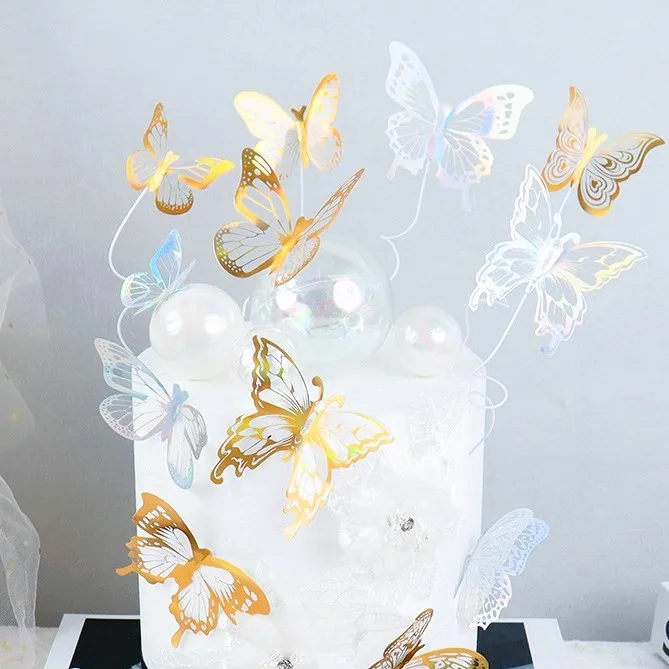 PVC Butterflies Gold / White / Black / Brilliant Color Wedding Birthday Cake Decorations 9PCS Plastic Butterfly