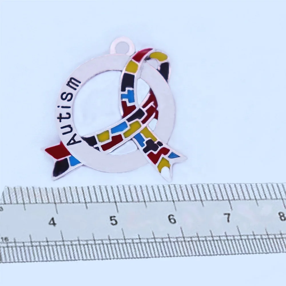 Custom Design Metal Colorful Enamel Jigsaw Autism Puzzle Piece Ribbon Charm Cancer Awareness Pendants Faith Hope Jewelry