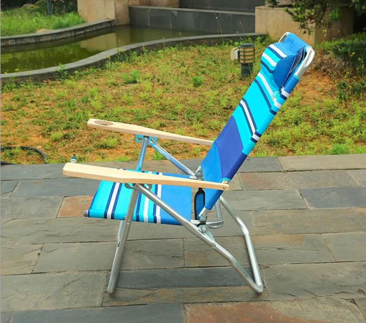Beach chair with cupholder wood armrest  Backpack  easy to carry camping outdoor  metail aluminum