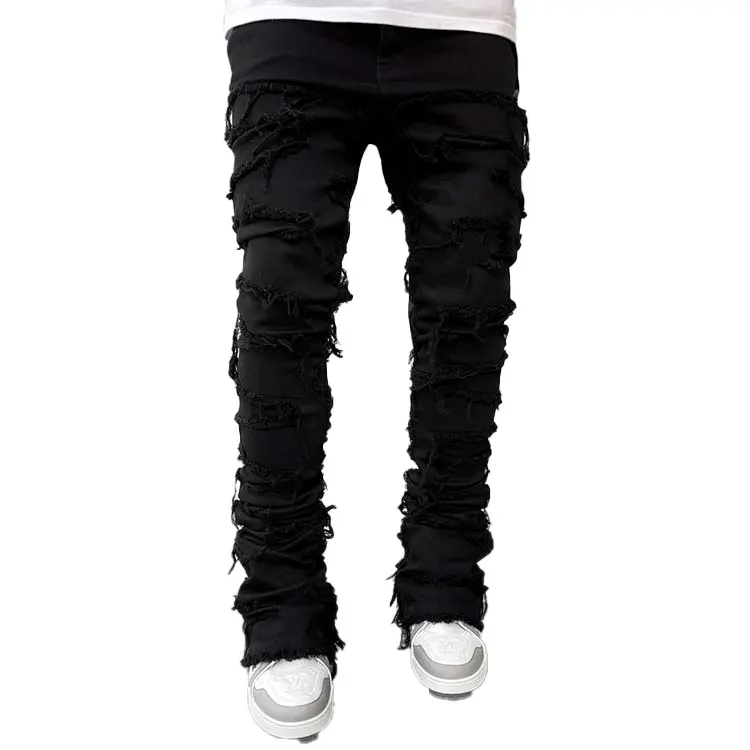 Hip hop Popular Sale Wholesale Black Custom True Relgion Denim Stacked Jeans For Men
