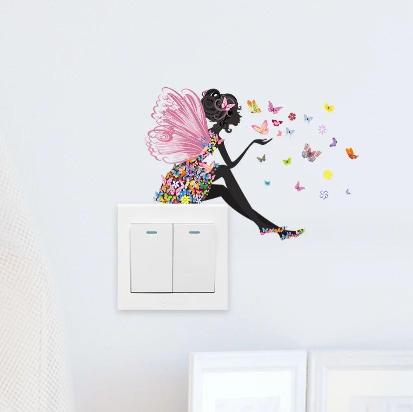 DIY Creative Flower Fairy Switch Decal Wallpaper Wall Stickers Home Decoration Bedroom Kids Room Light Parlor Decor Sticker
