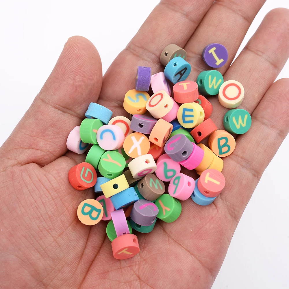 50Pcs 10mm Cute Letter Beads Polymer Clay Beads Cartoon Alphabet Spacer Loose Beads for Necklace DIY Bracelet Accessories
