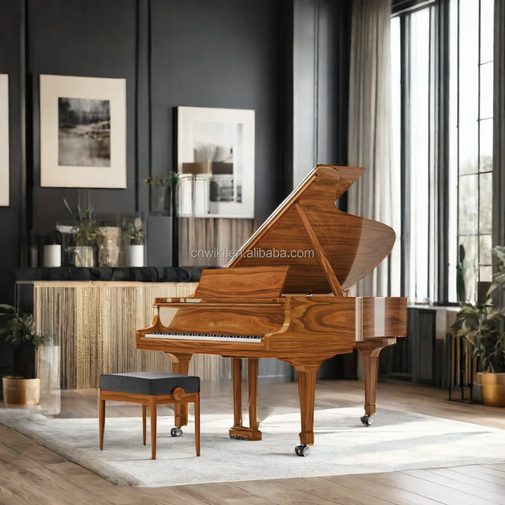 Antique Vienna Walnut Wood Grand Piano from Austria Mechanical Style with Bronze Wheel
