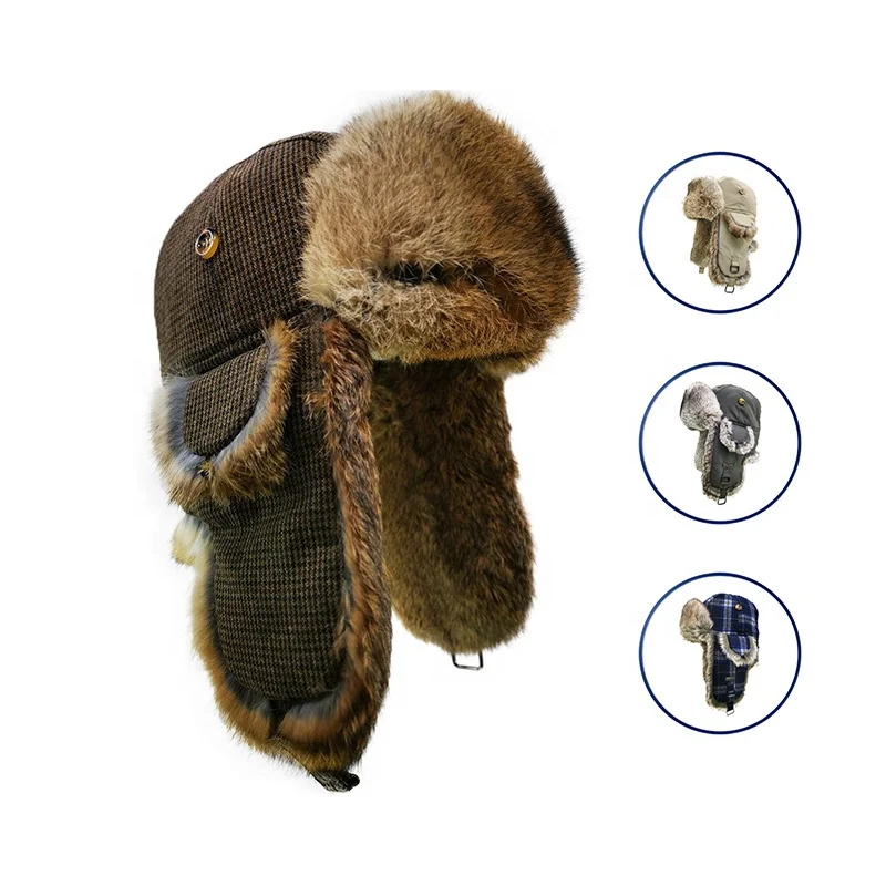 FUR WINTER Factory Wholesale Thick Warm Aviator Trapper Hats with Earflap Ushanka Trooper Winter Bomber Caps