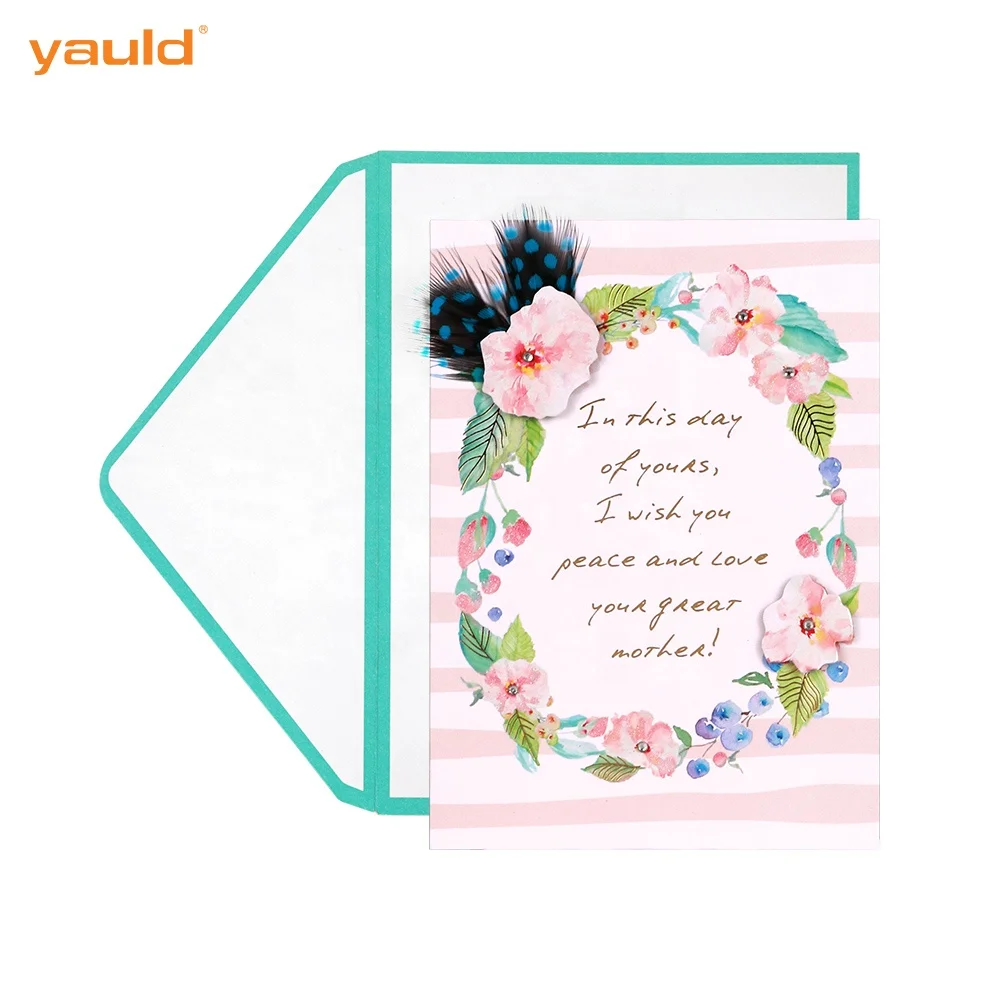 Customised Luxury Glitter Handmade Flowers Gold Foil Happy Mothers Day Greeting Cards with Paper Envelopes