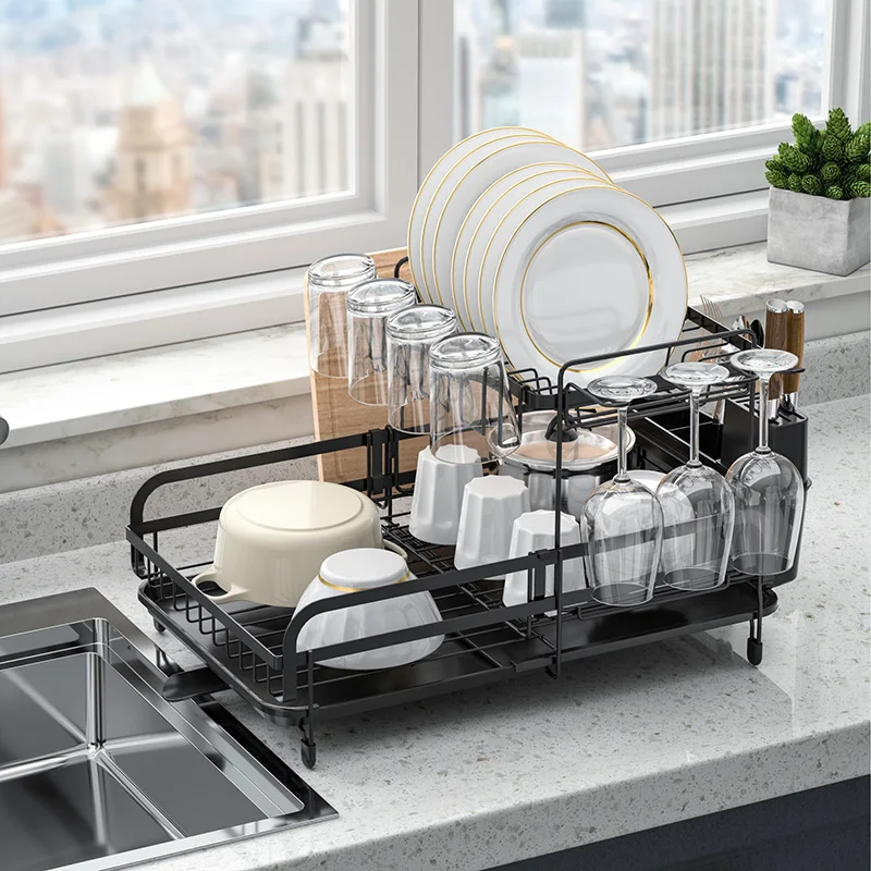 WIREKING 2 tier Dish Drying Rack Multifunctional Dish Rack Rustproof Kitchen Dish Drying Rack with Drainboard & Utensil Holder,
