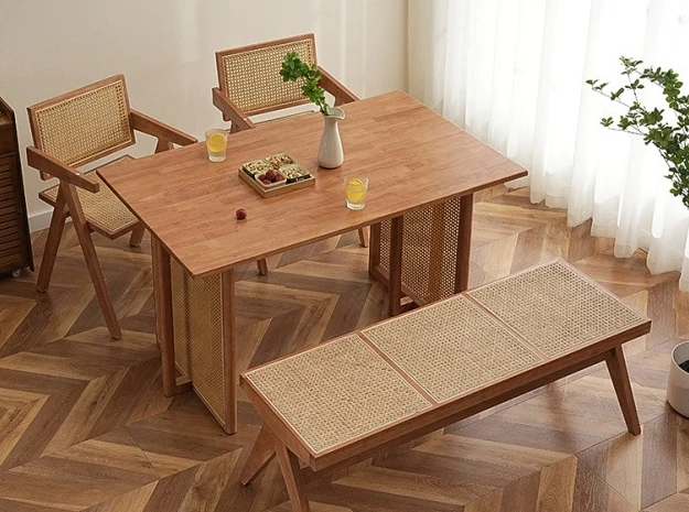 Rattan weaving dining table retro and simple solid wood table Wood Kitchen Restaurant dining table