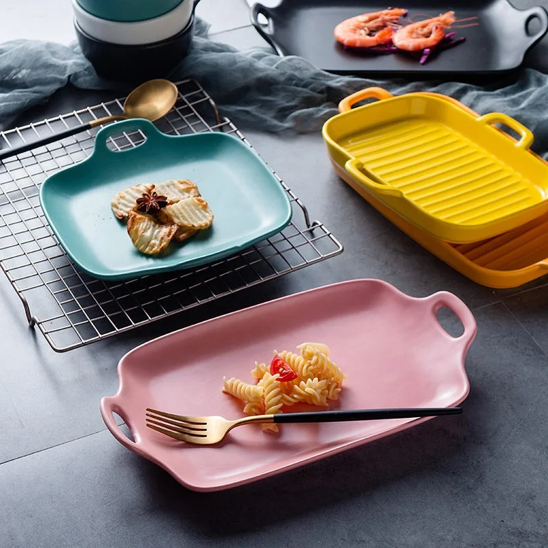 
Luxury Microwave Oven matte dinner set binaural tray household ceramic plates and bowls With Handle 