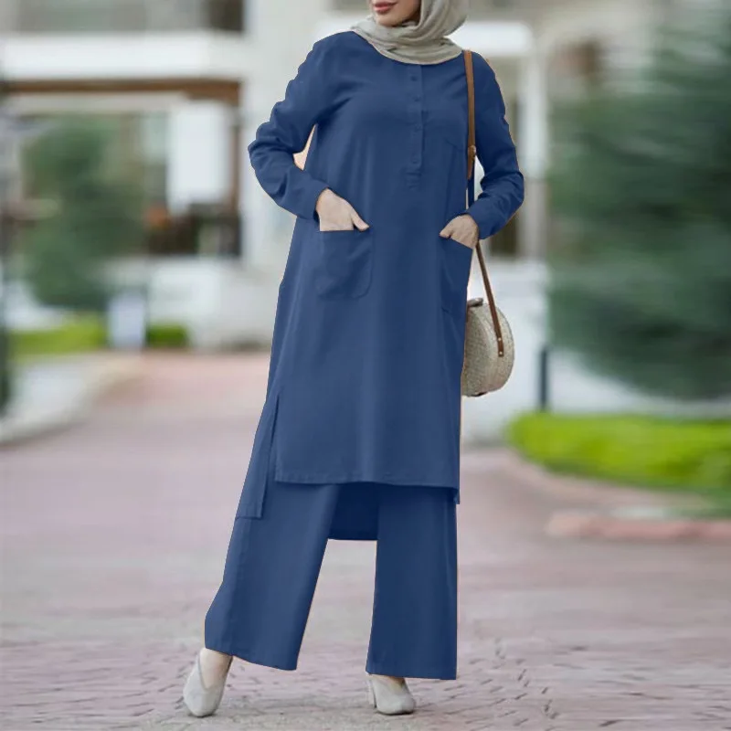 EID Long-sleeved Shirt Trousers Suit Solid Color 2Pcs/set Crew Neck Eid Modest Abaya Dubai 2024 Clothing Set Muslim Women Dress