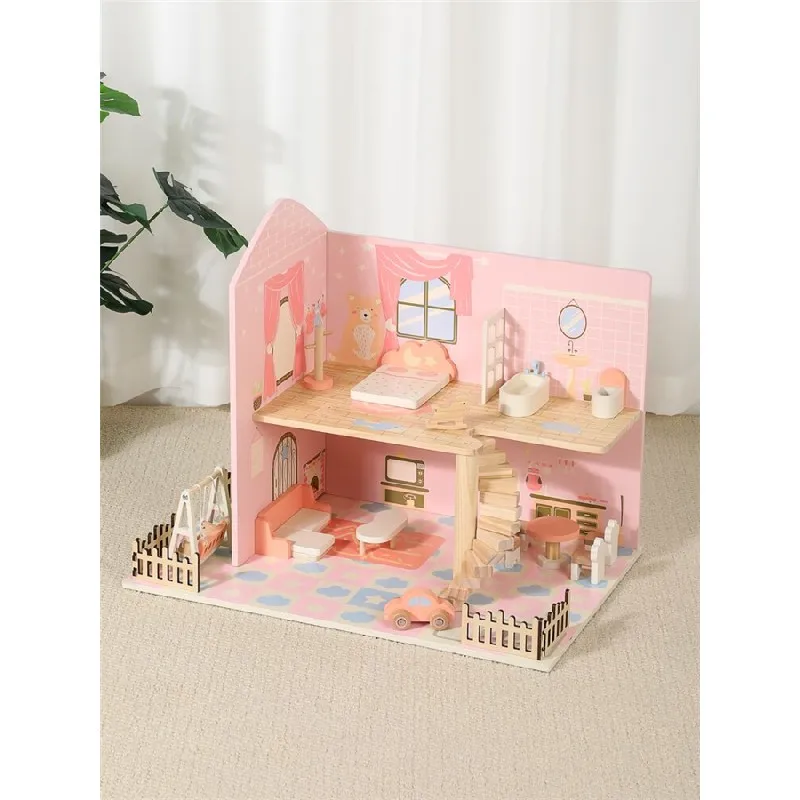 Hot selling Pretend Play Wooden Dolls House with Furniture Accessories Pink Style DIY Handmade Wooden Miniature Doll House