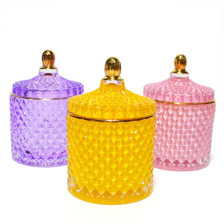 FENGJUN iridescent cylinder embossed Geo cut colored glass candle jar