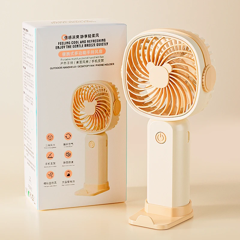 Wholesale Cute hand-held Rechargeable Fan with base comes with phone holder USB charging mini handheld fan portable fan