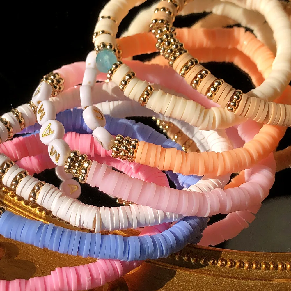 SHIHAN Bohemian Colorful Polymer Clay Acrylic Letter Love Beach Mama Lucky Beads Bracelets