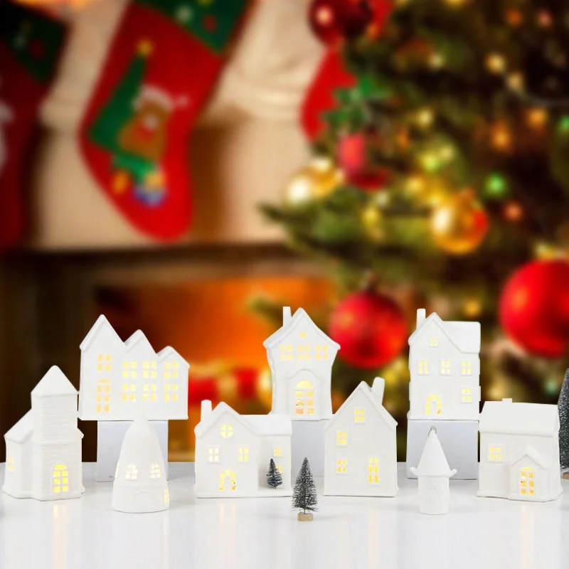 Scandinavian Style Christmas LED Lights Decoration, Hollow Little House Crafts, Ceramic Ornament