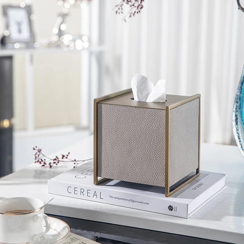 luxury red horsehair tissue box leather high-grade metal paper box coffee table napkin box hotel decoration leather tissue b0x