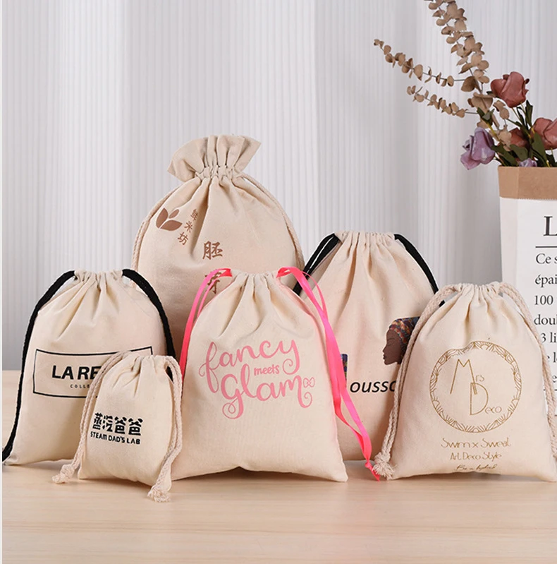 Customized packing cotton linen drawstring bag for colorful cotton string