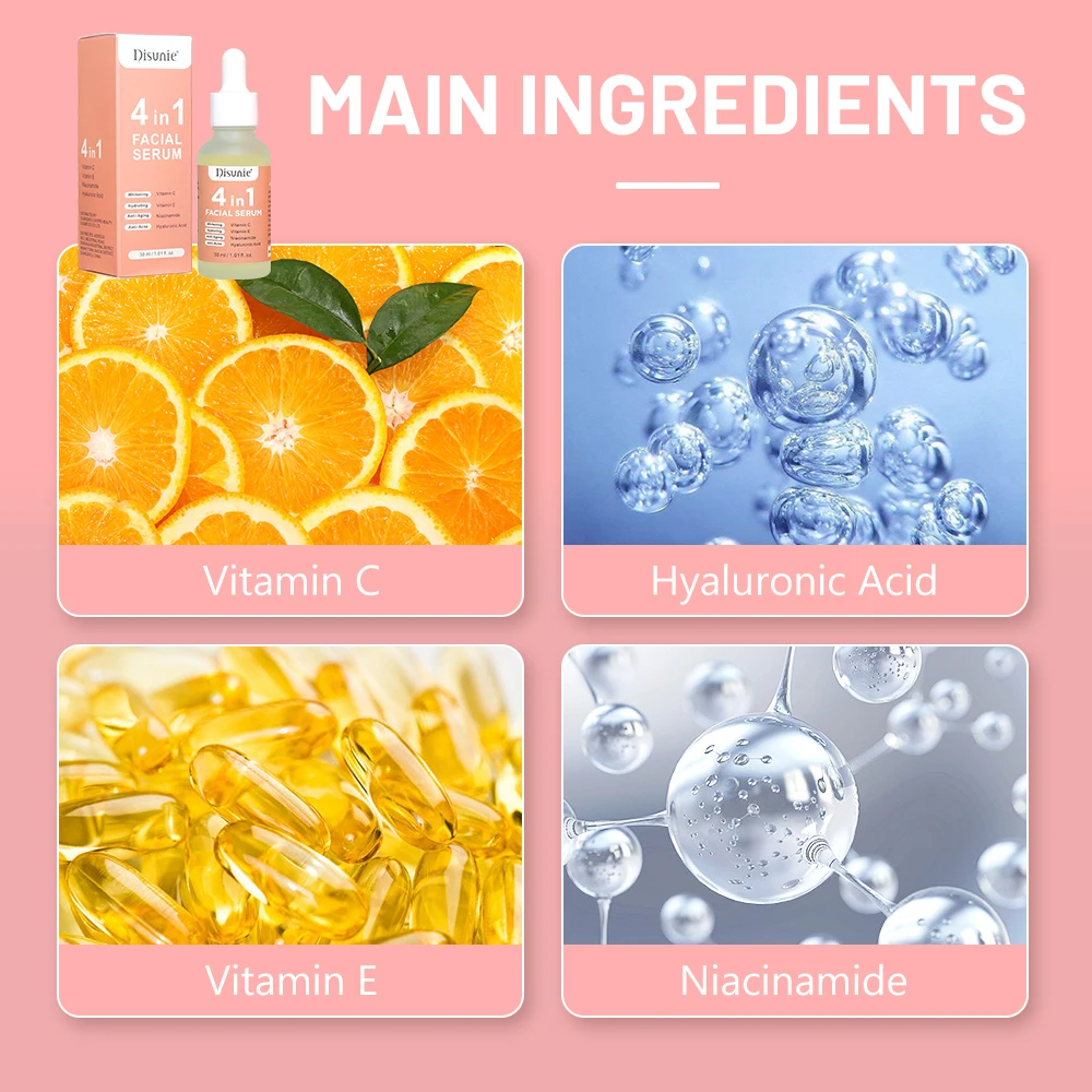 Disunie 4 in 1 Facial Serum Vitamin C Hyaluronic Acid Vitamin E Niacinamide Whitening Hydrating Anti-Aging Anti-Acne Face Serum