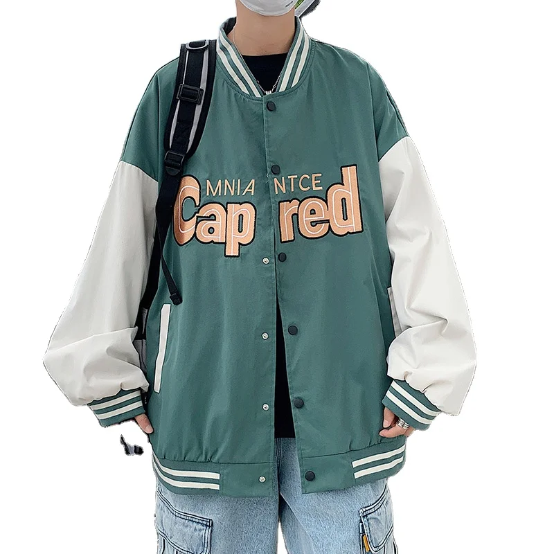 American large color block splicing couple loose casual cardigan jacket
