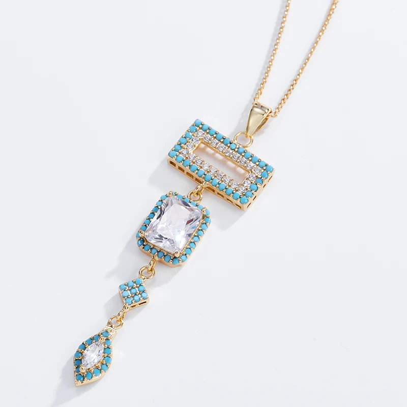 Chinese Factory Wholesale Women Luxury Jewelry AAA cubic zircon drop necklace square zircon necklace Long Pendant Necklace