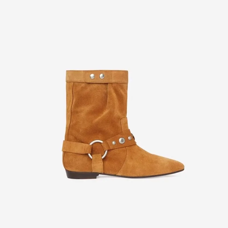Hot Style Vintage Rivet Cowhide Leather Ankle Boots Suede Pointed Toe Boots Cowboy Women Ankle Boots