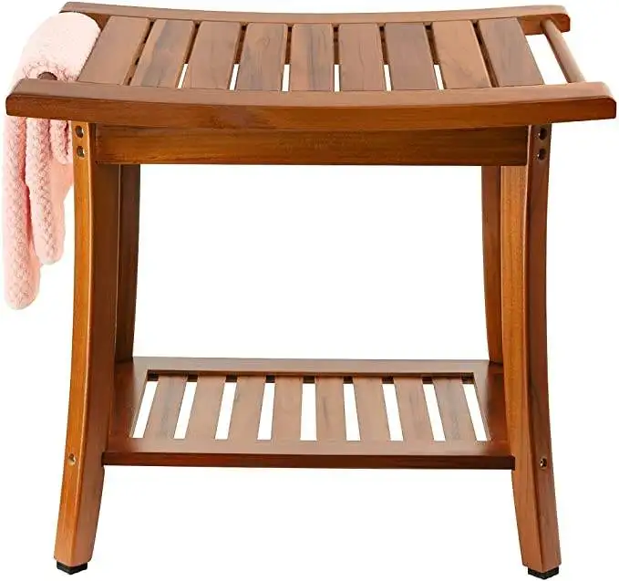 organizador de bano Teak Waterproof Wood Shower Bench Step Stool Set with Storage Shelf Bamboo Corner Shower Bench With handles
