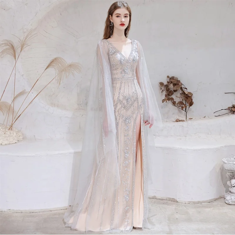 Hot Sale Sexy V Neck Crystal High Slit Mermaid Beaded Long Formal Evening Dress with Cape