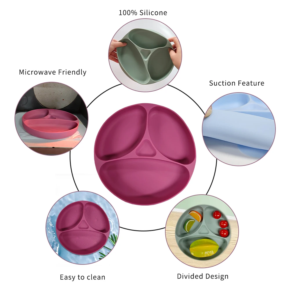 Wholesale customizable odor free and easy to clean round divider tray bib bowl spoon fork silicone baby feeding gift set