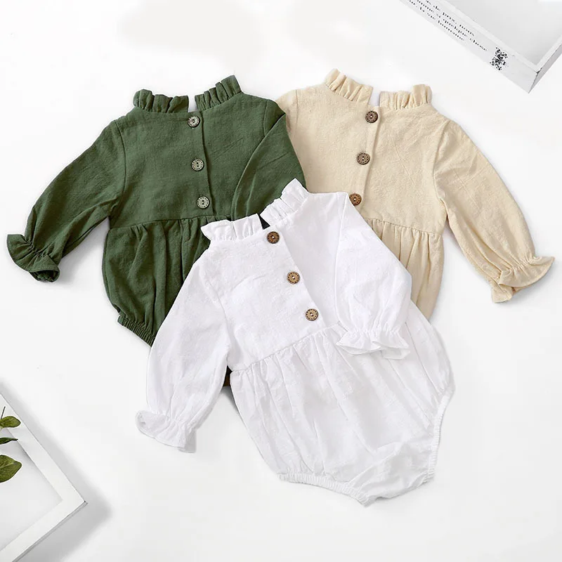 Spring Autumn Baby Girls O Neck Romper Cotton Long Sleeve Ruffles Newborn Solid Color Rompers Infant Jumpsuits