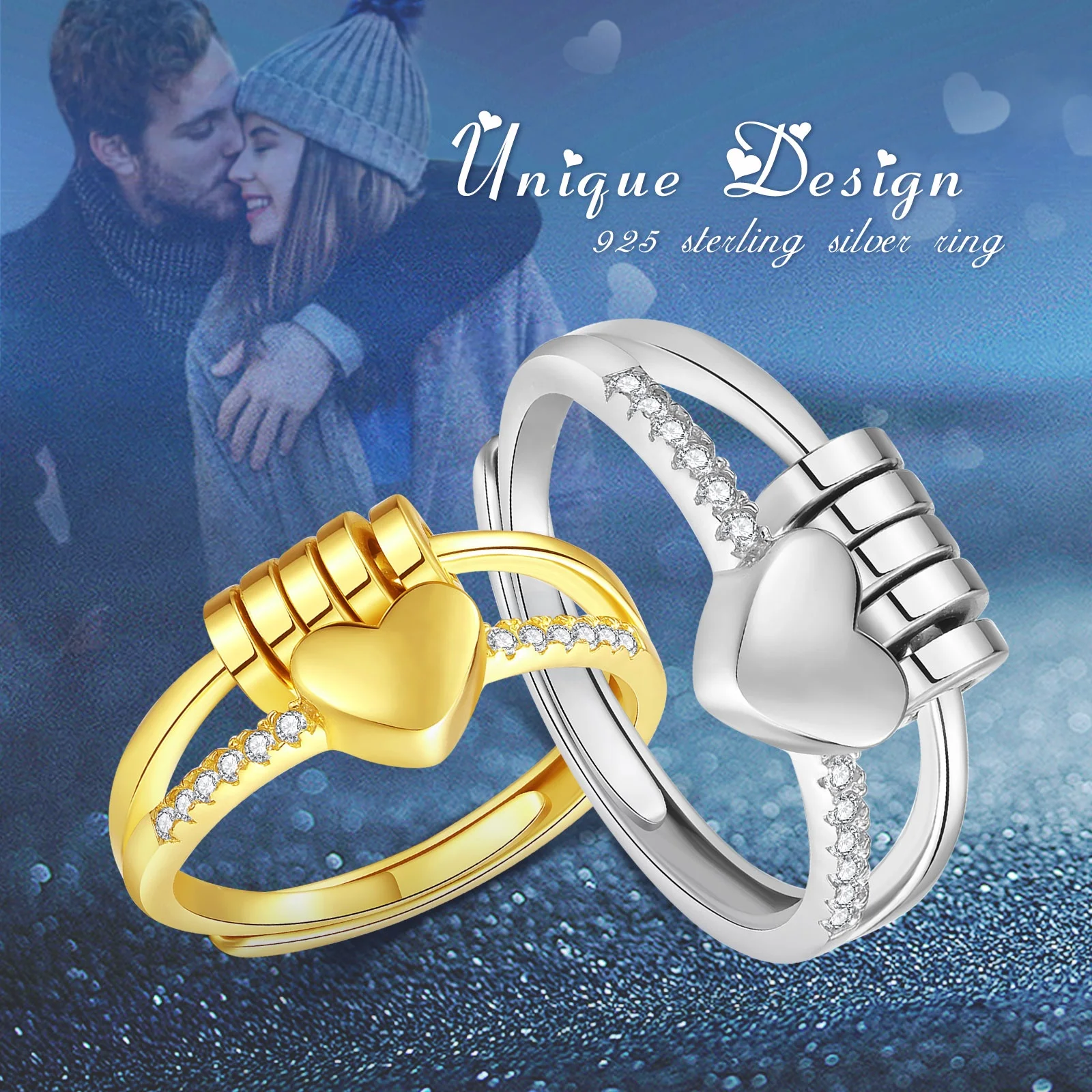 Wholesale Fashion Jewelry 925 Sterling Silver 18K Gold Plated Adjustable Size Heart Shaped Anxiety Rings for Women