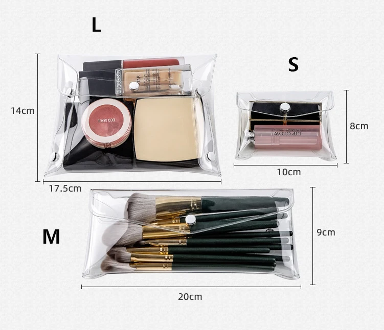 Pencil Case Cosmetic Bag Transparent Bolsas De PVC Con Botones Clear PVC Purse Bag Clear PVC Plastic Bag With Snap Button