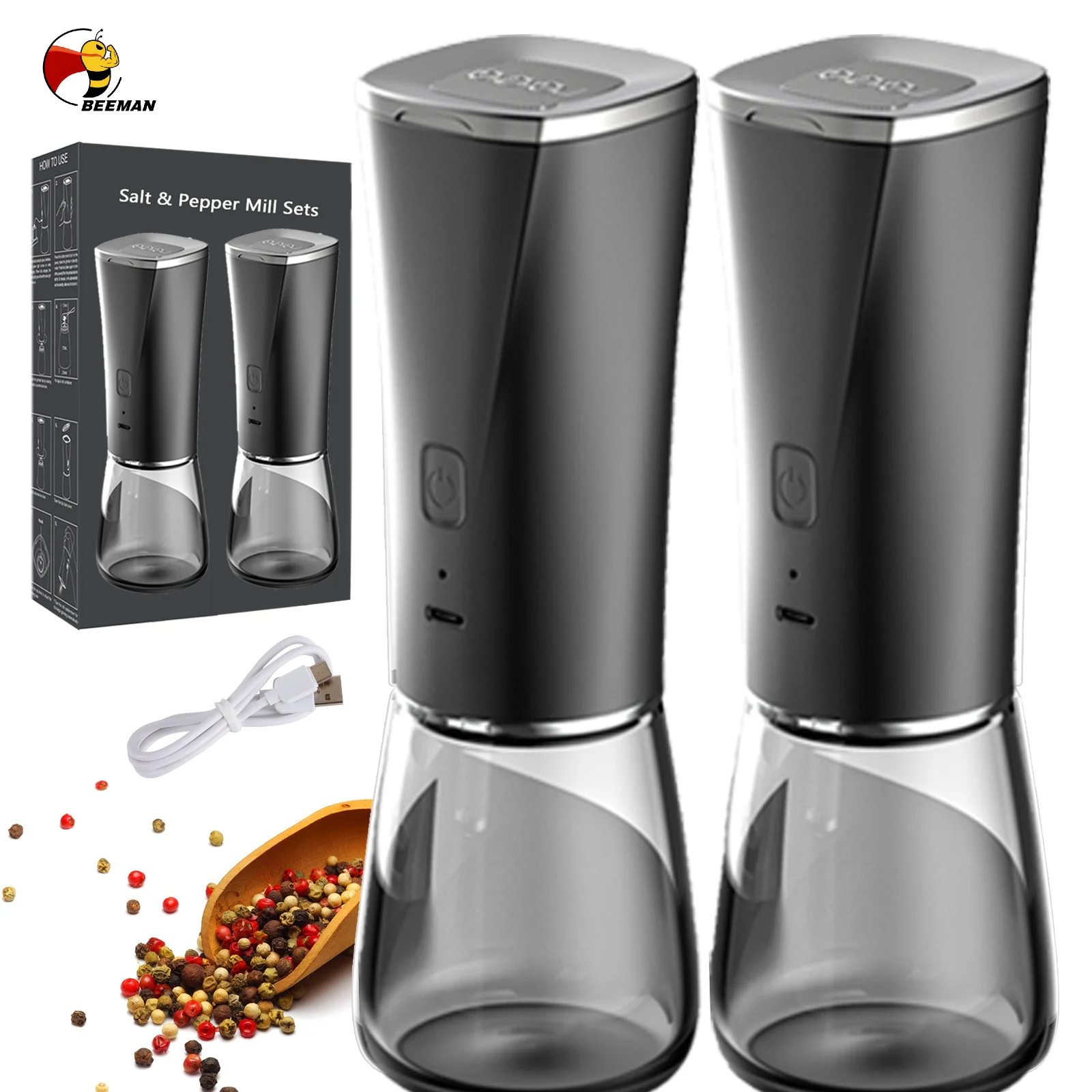 Beeman Cylindrical Electronic Adjustable Hand Grinding Ceramic Glass Gravity Electric Salt Pepper Mill With Light