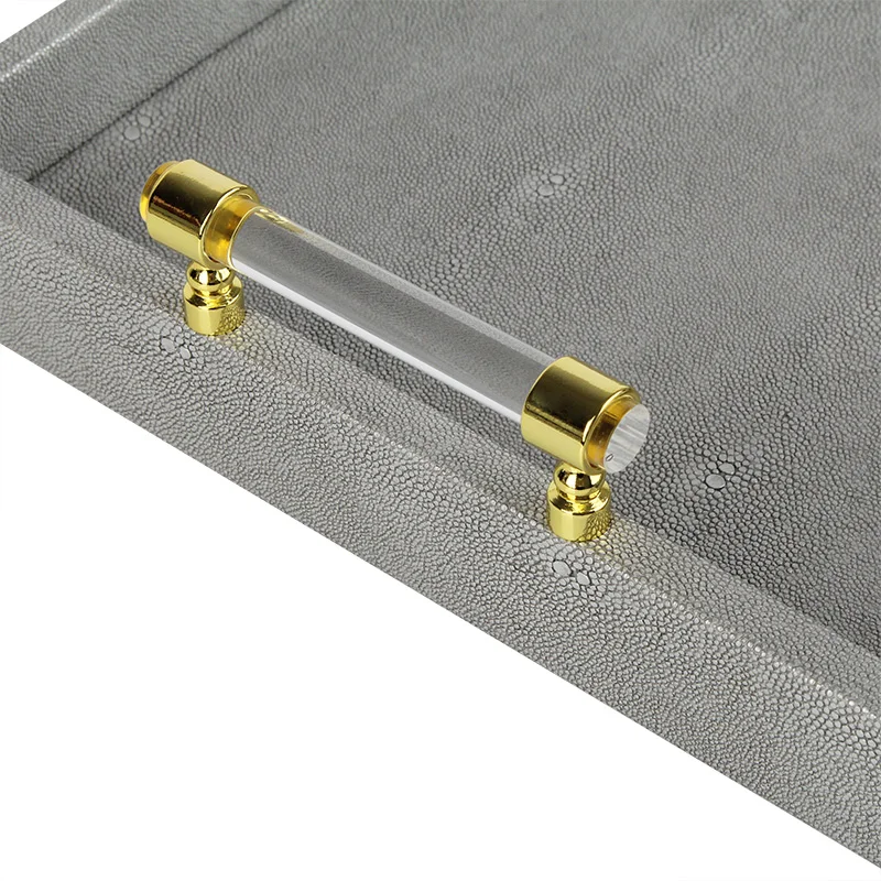 luxury  shagreen leather tray wedding with acrylic handles golden metal accessories