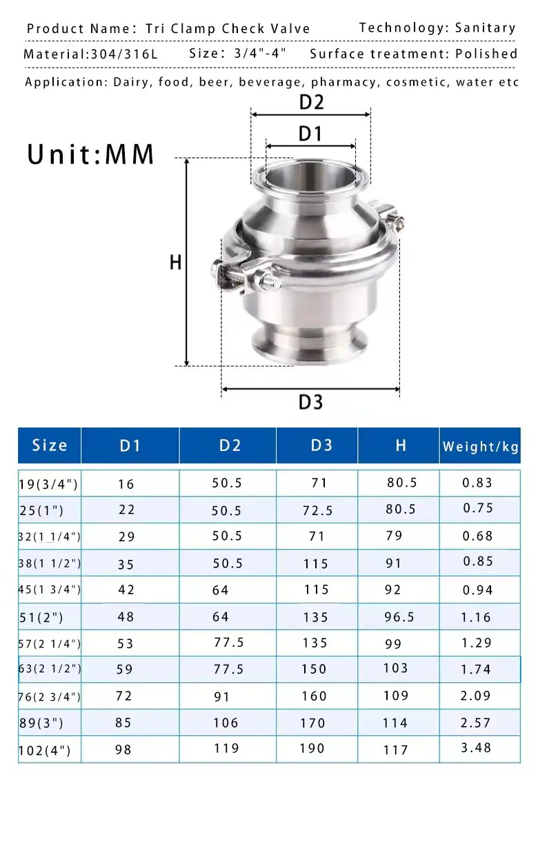 KQ Sanitary Stainless Steel ss 304 316 Tri clamp triclamp tri-clamp 2 inch 6' ferrule non return check valve