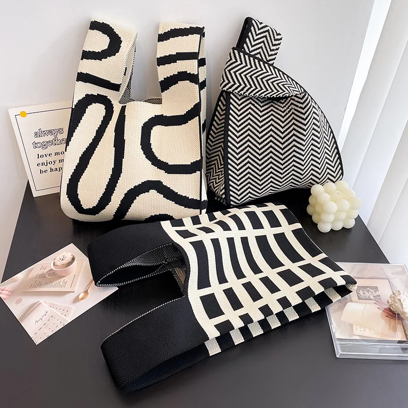 Striped Pattern Knitting Fabric Handbag Chequer Design Eco Small Shopping Bag Wool Crochet Tote Hand Bags For Women